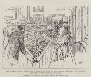 The Turkish Crisis, Bombs and Dynamite Canisters of the Alleged Armenian Conspirators exhibited at the Arsenal at Galata by Melton Prior